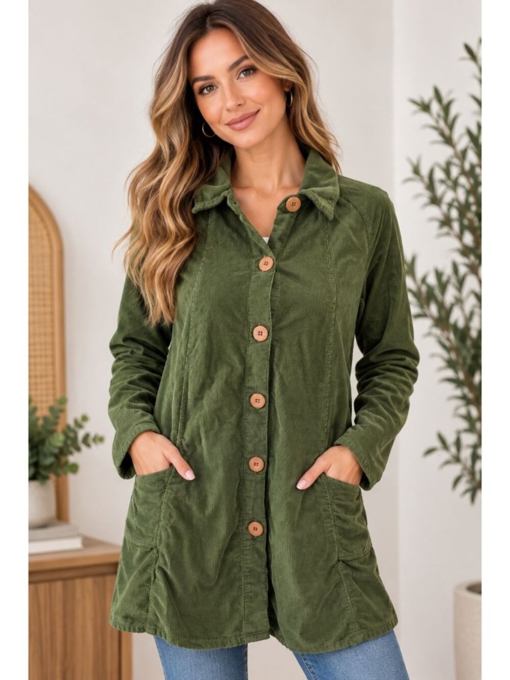 Eucalyptus olive green corduroy button-front long jacket large wooden button XS